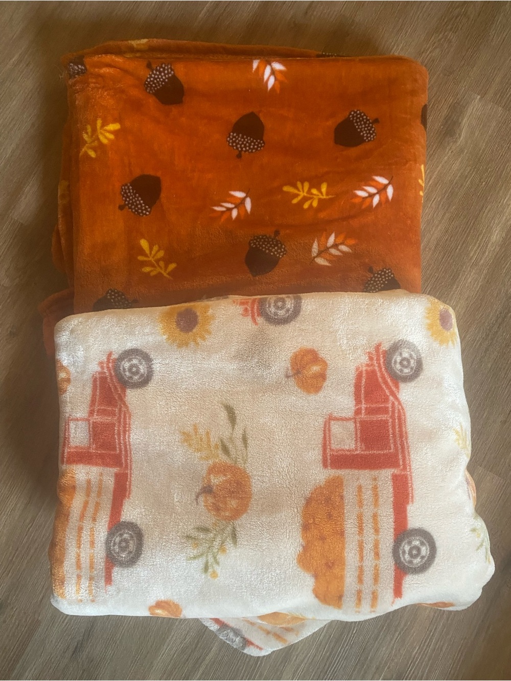 2 cozy fleece throw blankets fall autumn pumpkins leaves